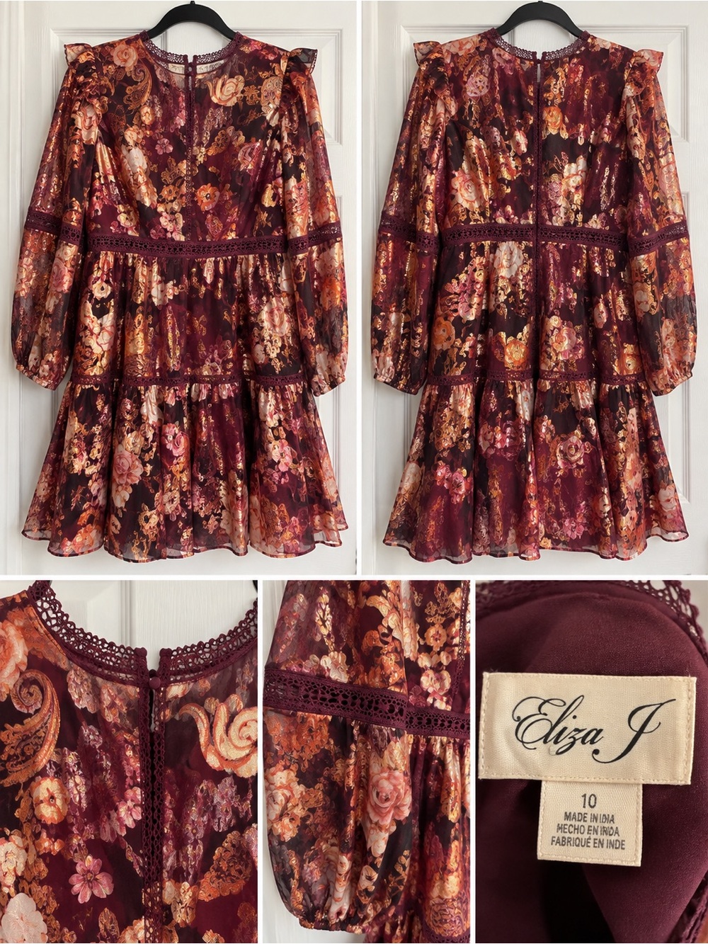 Eliza J womens Burgundy Floral Lace-Trim Tiered Dress